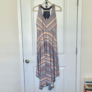 Prana Striped Asymmetrical Maxi Dress in Peach and Light Blue